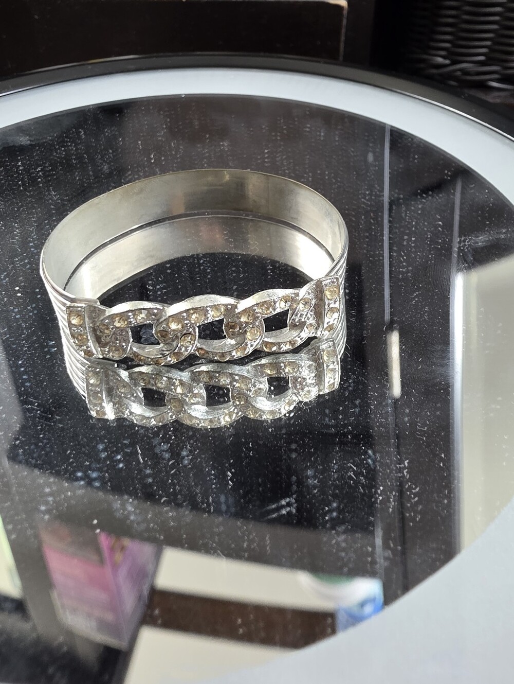 Vintage-Silver-Tone Crystal Link Cuff Bracelet